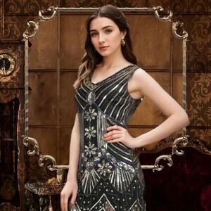 Sequin Dress 1920s Sequin Beaded V Neck Fringed Dress & 20s Accessories Set Lg